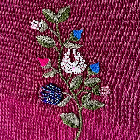 CUE Magenta Cardigan. Hand Embroidered and Beaded Multicolour Flowers - Picture 3 of 9